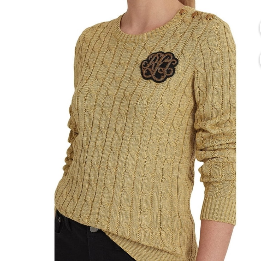 Lauren Ralph Lauren Black Label GOLD Metallic Button-Trim Cable-Knit Size:3X